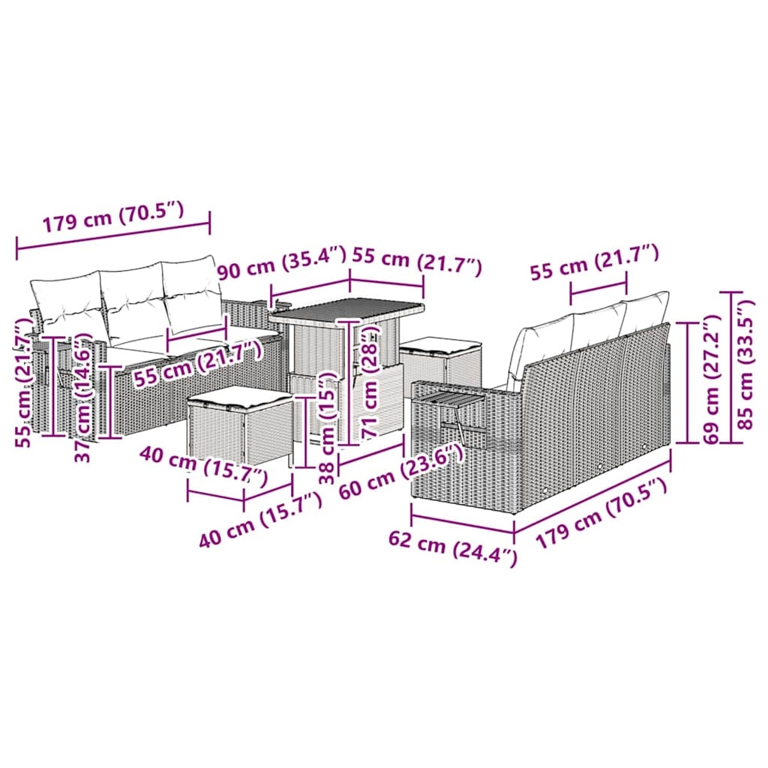 Beiges 9-teiliges Garten-Sofa-Set aus Polyrattan mit Tisch und Hockern für Terrasse und Garten.