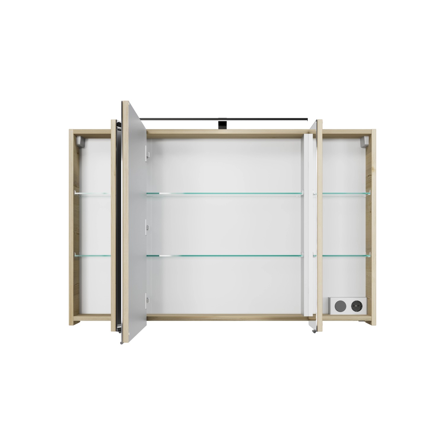 Pelipal Spiegelschrank Quantum 07, Polar Pinie, 110 cm mit LED-Leuchte und drei Spiegeltüren.