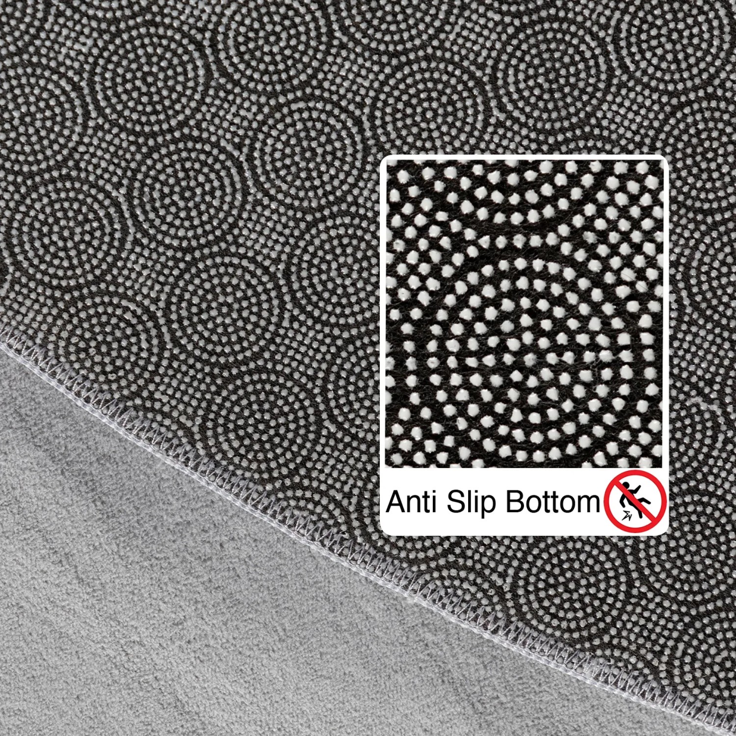 Detailansicht der rutschfesten Rückseite des silbernen Ayyildiz Kurzflorteppichs, Ø 120 cm.