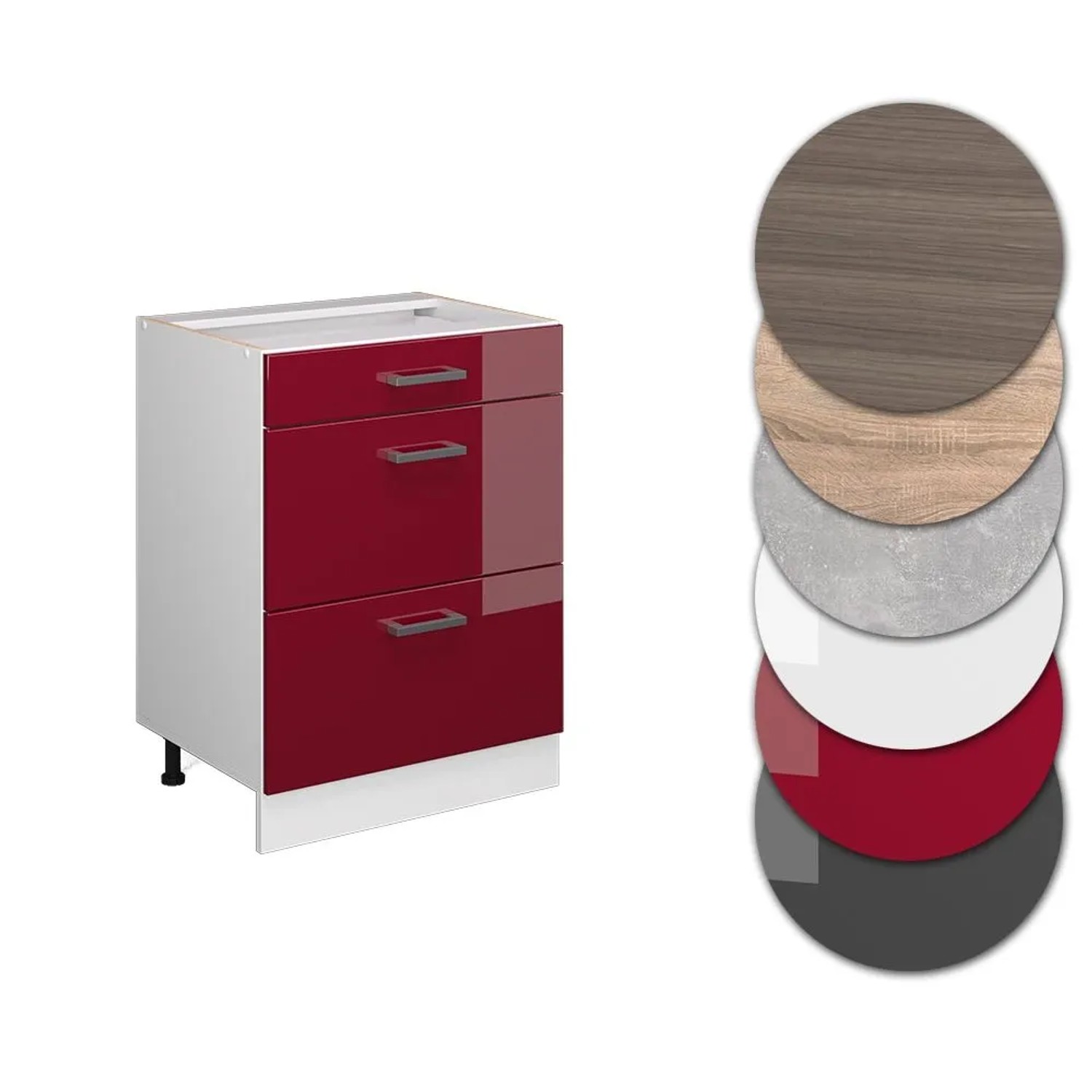 Vicco Küchenunterschrank R-Line, Bordeaux Hochglanz/Weiß, 60 cm, mit Schubladen und Farbauswahl.