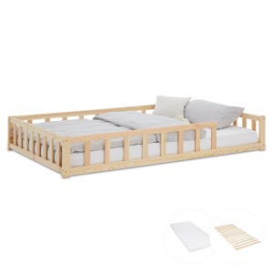 Homestyle4u Kinderbett Natur 120x200 mit Rausfallschutz, Lattenrost und Matratze.