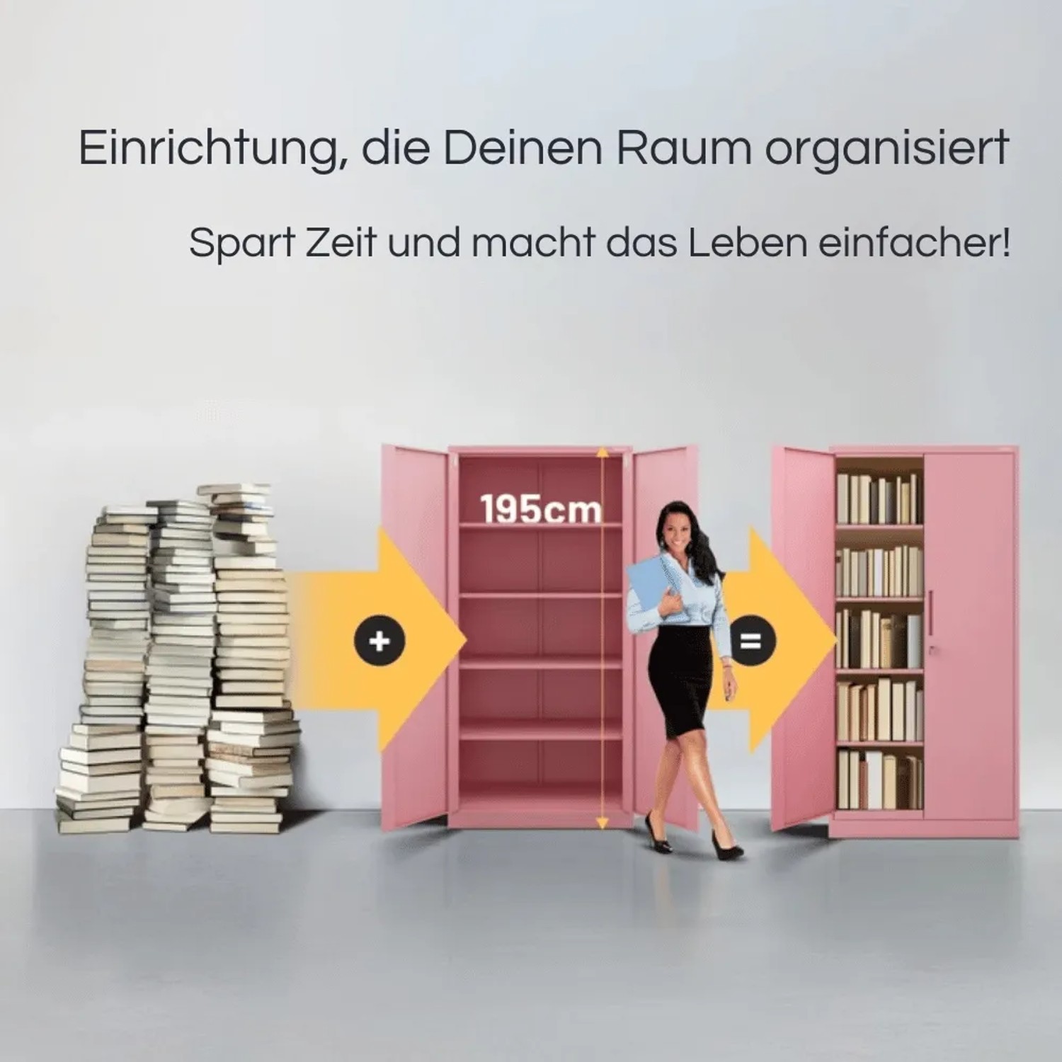 Rosa Aktenschrank KADO (195cm) mit Flügeltüren, leer und gefüllt mit Büchern. Büro-Organisation.