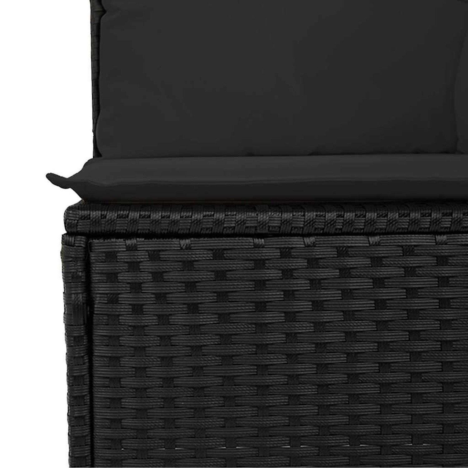 Detailaufnahme: Schwarze vidaXL Garten-Sofagarnitur aus Rattan mit Kissen.