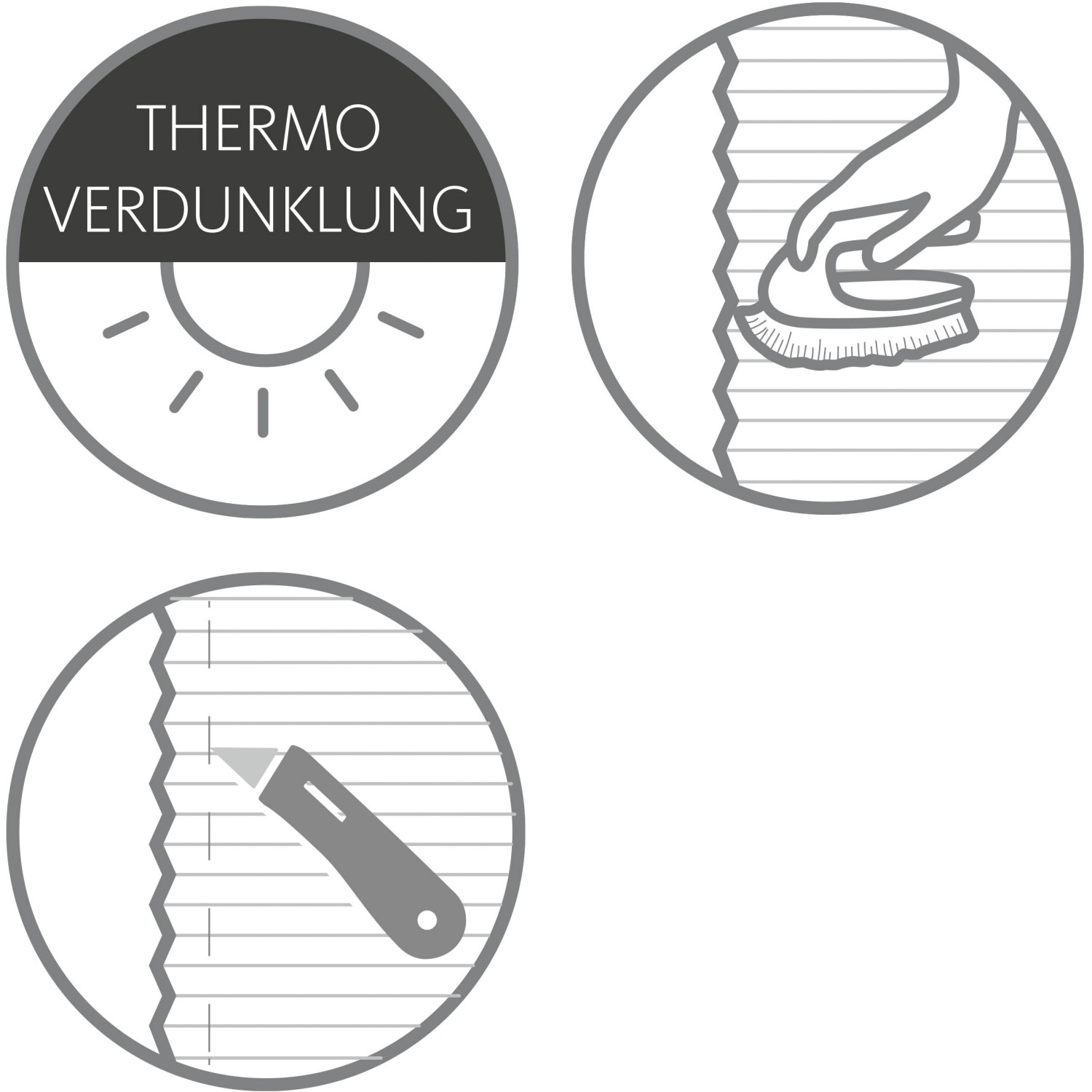 Symbole für Thermo-Plissee Ella: Verdunkelung, einfache Reinigung, kürzbar.
