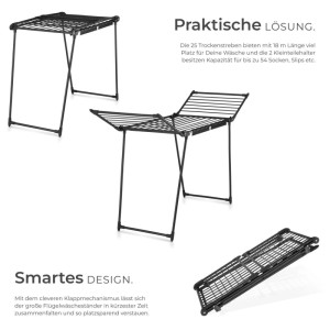 Tectake Wäscheständer Life  Schwarz Klappbar 18 M Trockenlänge 60 x 176 x 104 cm
