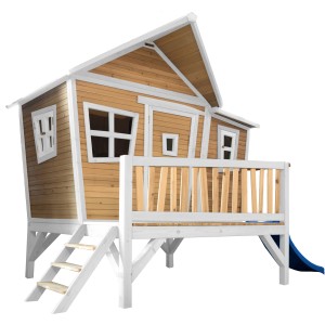 Axi Emma Spielhaus aus Holz in Braun-Weiß mit blauer Rutsche für den Garten.