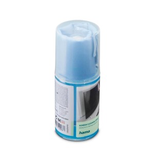 Hama Bildschirmreiniger Spray (200ml) mit blauem Mikrofasertuch im durchsichtigen Behälter.