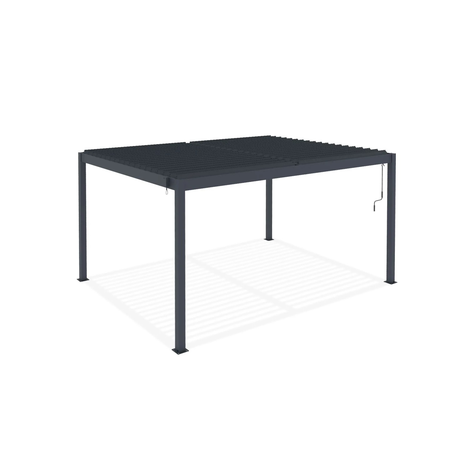 Freistehende, graue Cazeboo Piana Bioklimatische Pergola 4x3m aus Aluminium mit Stahl Lamellen.