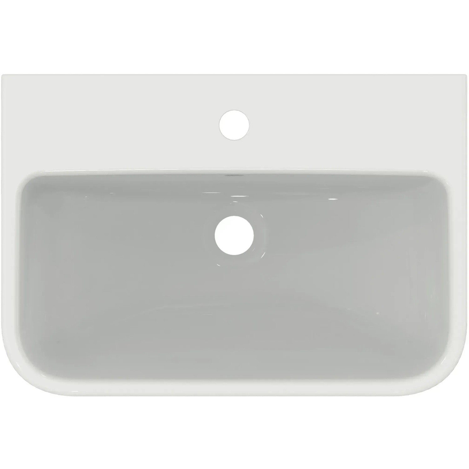 Ideal Standard i.life S Handwaschbecken, 55 cm, Weiß, Aufsicht mit Hahnloch und Überlauf.