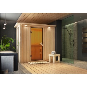 Karibu Sauna Vera mit LED-Dachkranz in naturbelassenem Holz, inklusive Glastür und Saunabank.