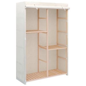 Weißer Kleiderschrank mit 3 Ebenen, Holzrahmen und Stoffbezug. Praktische Aufbewahrungslösung.