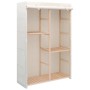 Weißer Kleiderschrank mit 3 Ebenen, Holzrahmen und Stoffbezug. Praktische Aufbewahrungslösung.
