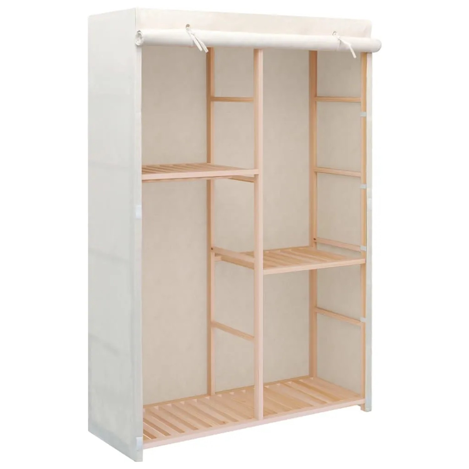 Weißer Kleiderschrank mit 3 Ebenen, Holzrahmen und Stoffbezug. Praktische Aufbewahrungslösung.