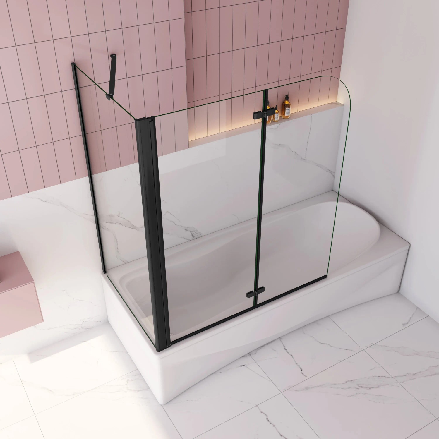 AICA Badewannenaufsatz, 90cm, schwarz, 2-tlg. Faltwand mit 70cm Seitewand aus 6mm Nano-ESG Glas.