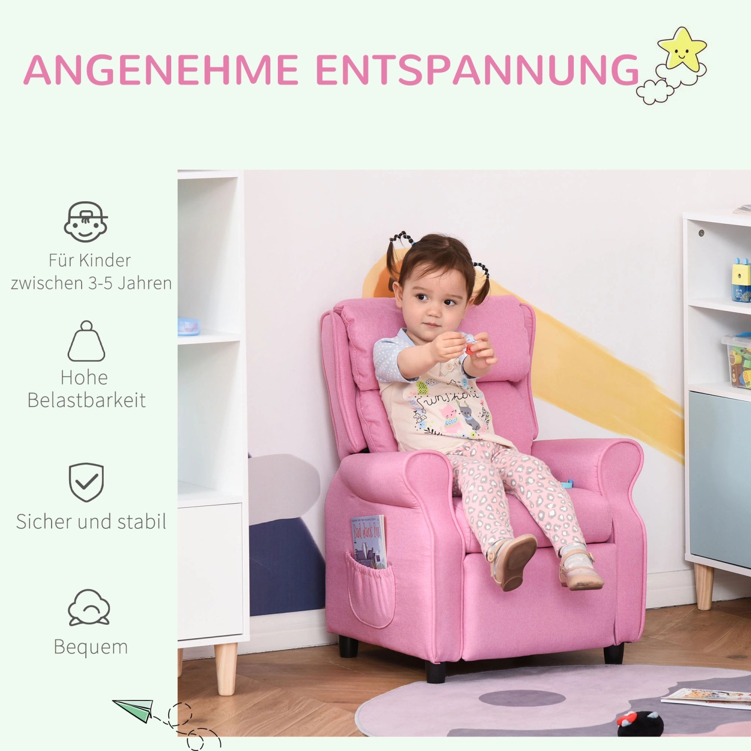 Rosa Kindersofa mit Fußstütze, verstellbar für bequemes Sitzen und Entspannen.