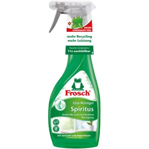 Frosch Spiritus Glas-Reiniger 500ml in grüner Sprühflasche für streifenfreie Sauberkeit.