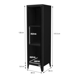 Schwarzer, hoher ML-Design Aktenschrank aus Stahl, freistehend, mit zwei Regalböden. Ideal für Büro.
