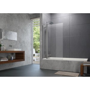 Hüppe Wannenabtrennung Design Pure, 1-teilig, festes Segment, 95x150 cm, Silber Matt, auf Badewanne montiert.