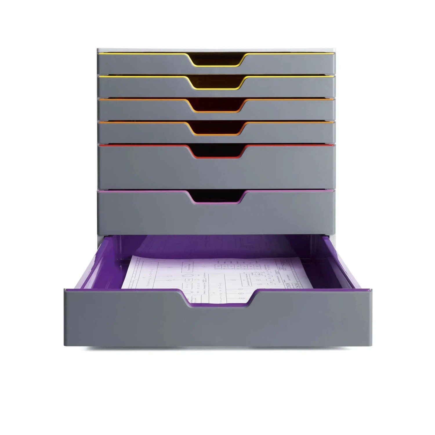 Durable Schubladenbox A4 Varicolor mit 7 Fächern in Grau und bunten Akzenten. Büro Ordnungssystem.