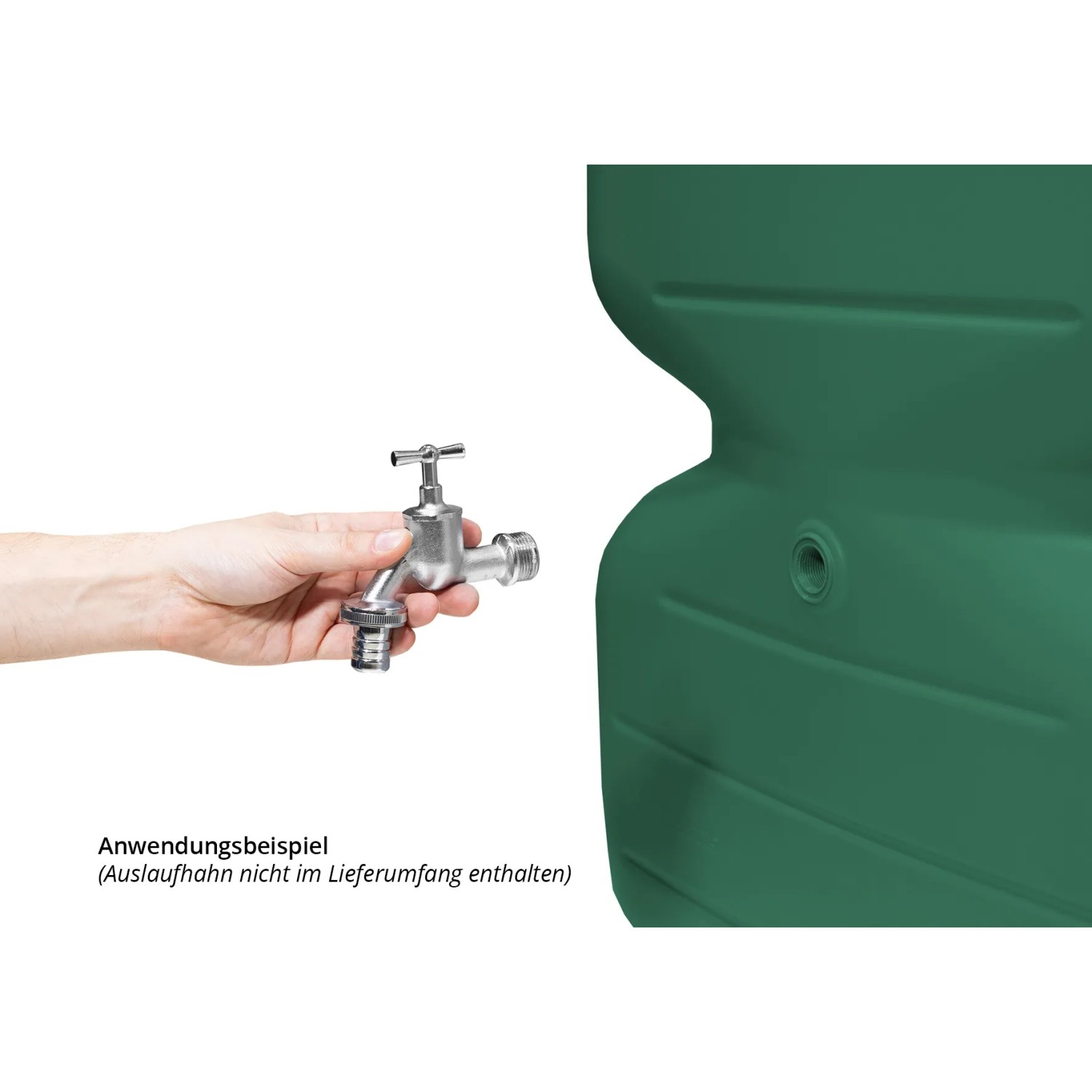 Garantia Gartentank Cubus 1000 l, dunkelgrün, mit Wasserhahn (nicht enthalten) als Anwendungsbeispiel.