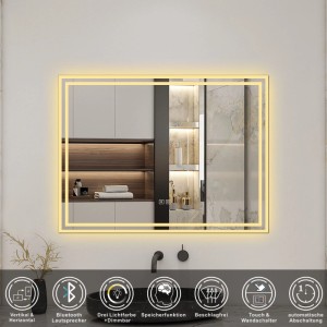 Rechteckiger Aica Badspiegel 80x60 cm mit dimmbarer LED-Beleuchtung (Neutral-Warm-Kaltweiß), Bluetooth, Touch/Wandschalter, beschlagfrei.