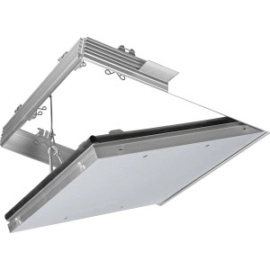 Geöffnete Knauf Revisionsklappe Revo F-Tec 50x50 cm, Zubehör für Gipskartonplatten.