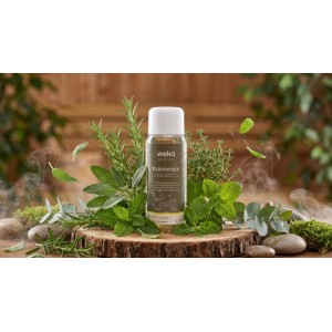WekaPur Sauna-/Dampfbadduft Kräuter Mix Flasche auf Holzscheibe mit frischen Kräutern und Dampf. Sauna Zubehör.