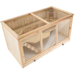 Tectake Nagerkäfig Goldie aus Holz mit 3 Etagen und Rampen, Plexiglasscheiben, 95x50x50 cm, braun
