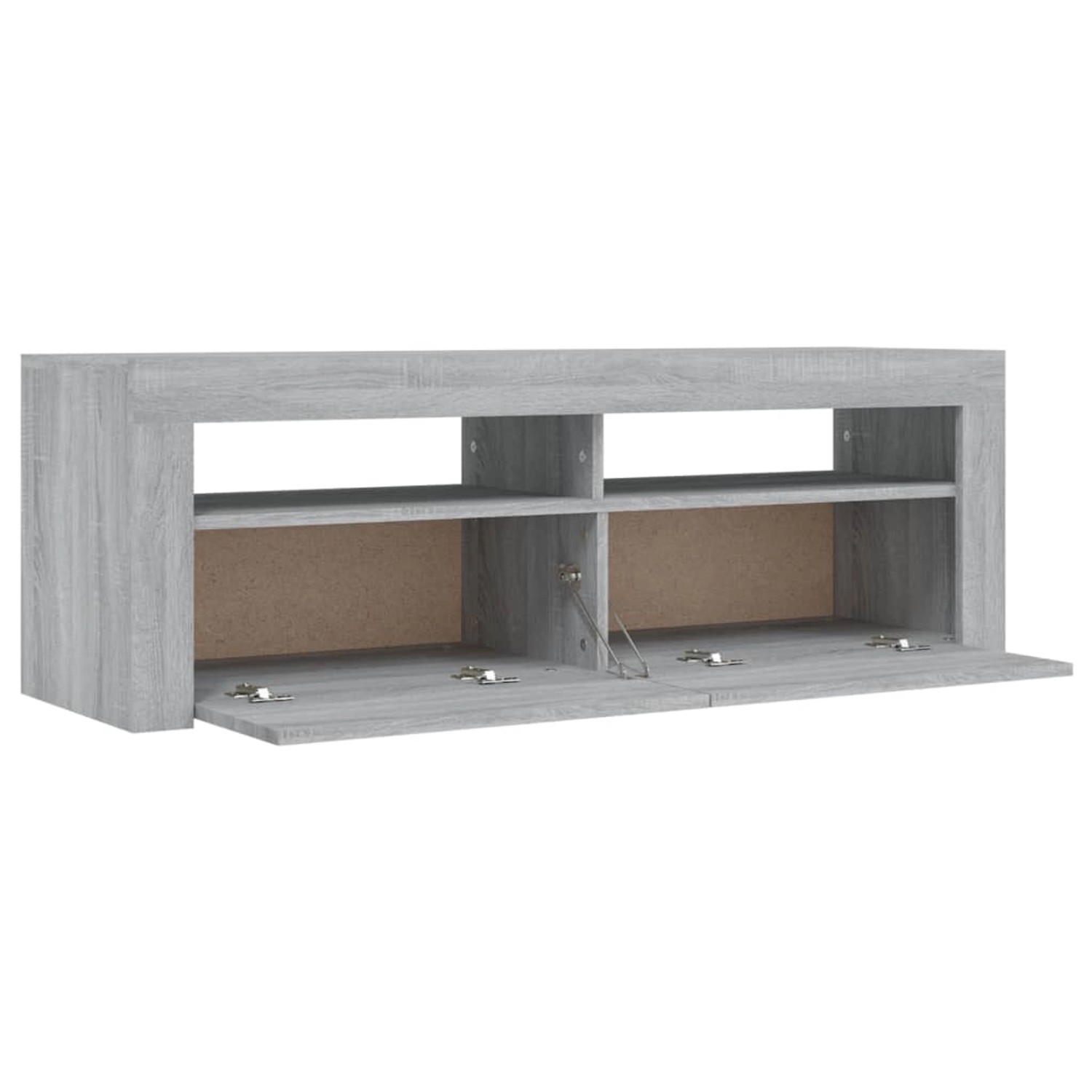 VidaXL TV-Schrank mit LED, Grau Sonoma, 120 cm breit, mit offenen Fächern und Klappen.