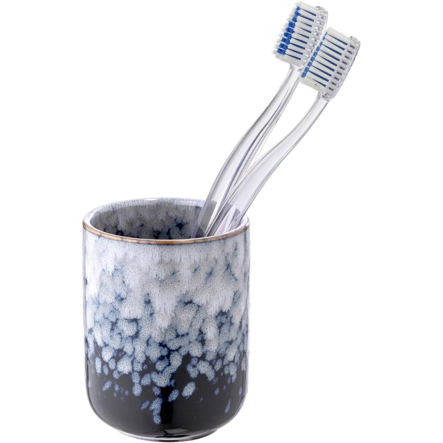 Blauer Wenko Zahnputzbecher Rosali aus Keramik mit zwei Zahnbürsten.