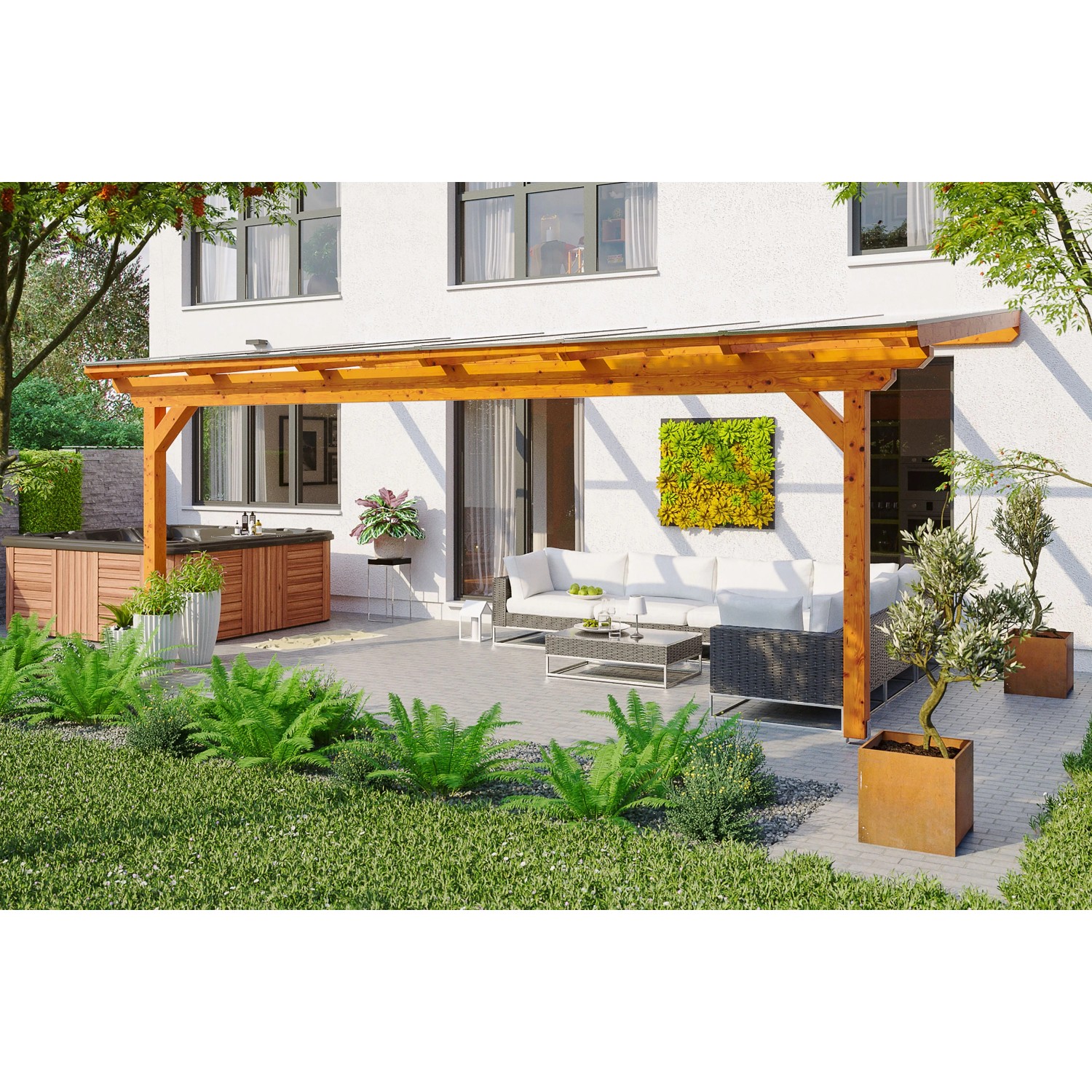 Skan Holz Terrassenüberdachung Ancona 648 x 300 cm Leimholz Eiche hell