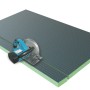 XPS Bauplatte 1250x600x6mm, dunkelgrau mit grüner Kante, wird von Kreissäge geschnitten. Fliesenplatte, Dämmplatte.