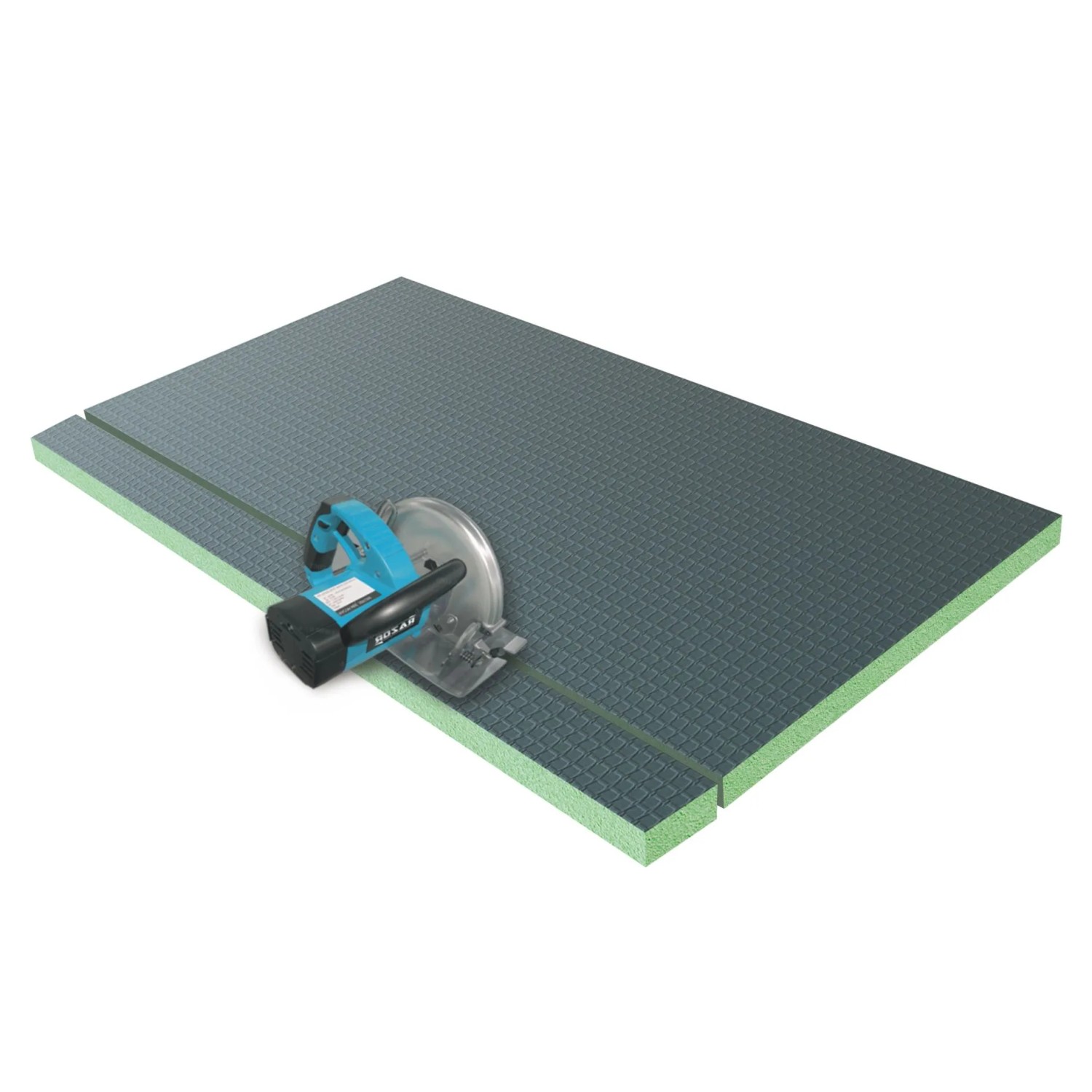 XPS Bauplatte 1250x600x6mm, dunkelgrau mit grüner Kante, wird von Kreissäge geschnitten. Fliesenplatte, Dämmplatte.