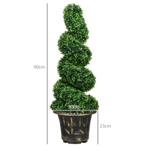Grüner, spiralförmiger Kunst-Buchsbaum 90 cm hoch im dunklen Blumentopf. Dekorative Kunstpflanze.