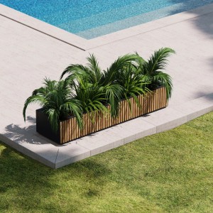 Rechteckiger Herstera Garden Pflanzkübel Deco Planter Xic Wood L mit Holzverkleidung und Bepflanzung.
