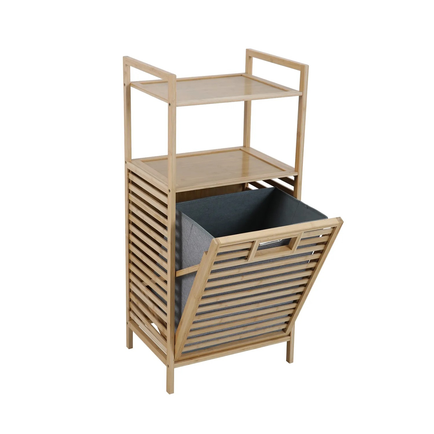 Svita Puvi 2in1 Badregal mit Wäschekorb aus Bambus. Badezimmerregal mit zwei Ablagen und grauem Wäschesack.