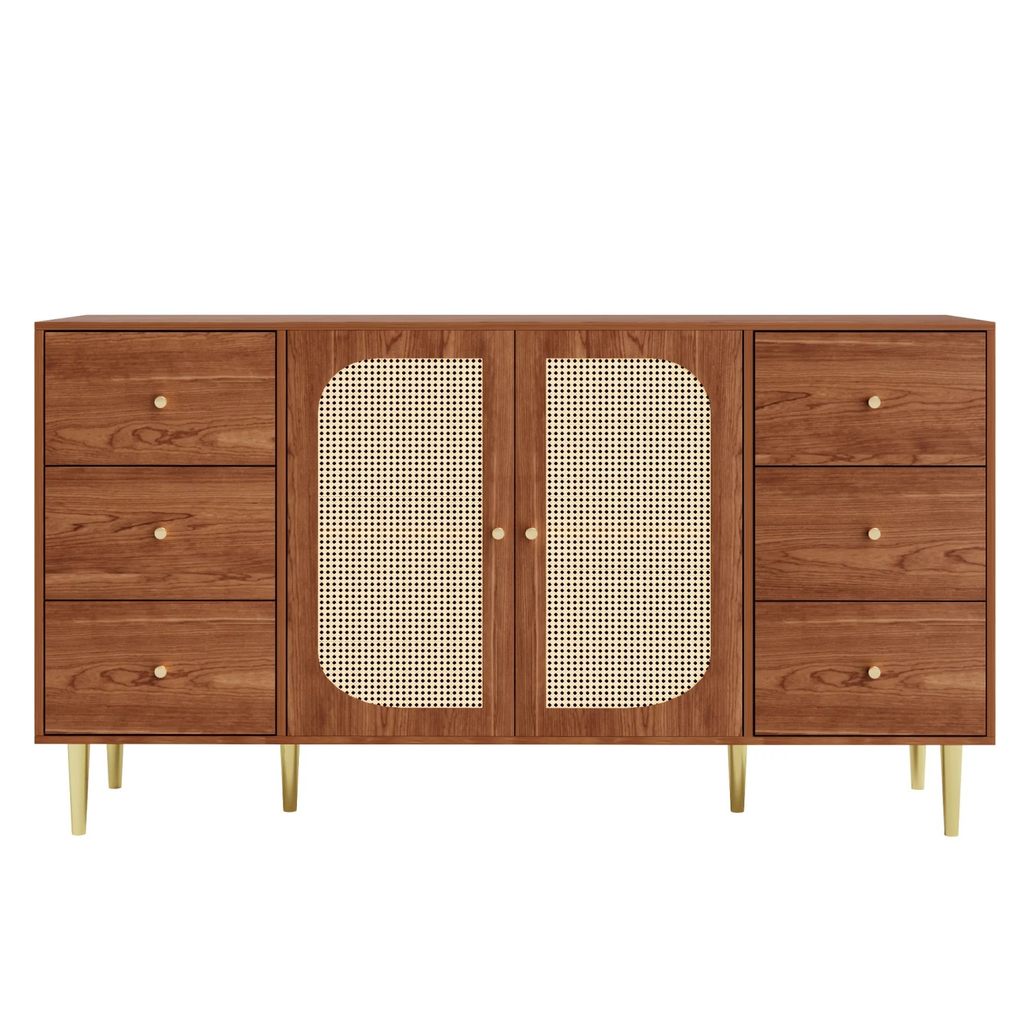 okwish Sideboard mit Rattantür Schublade Aufbewahrungsschrank Wohnzimmer 160x90x40cm Braun
