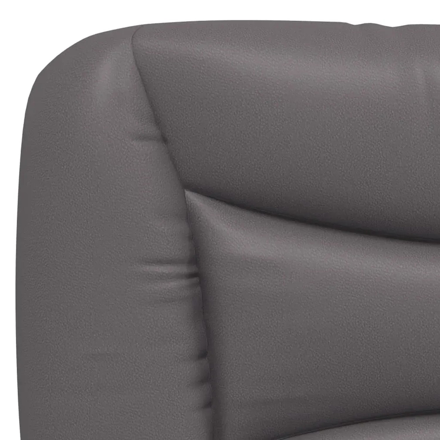 Detailansicht: Graues Kunstleder Bett Kopfteil mit Polsterung.