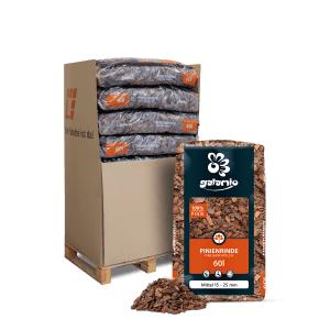 Palette Galamio Pinienrinde Mittel, 13 Säcke à 60l. Dekorative Bodenabdeckung für den Garten.