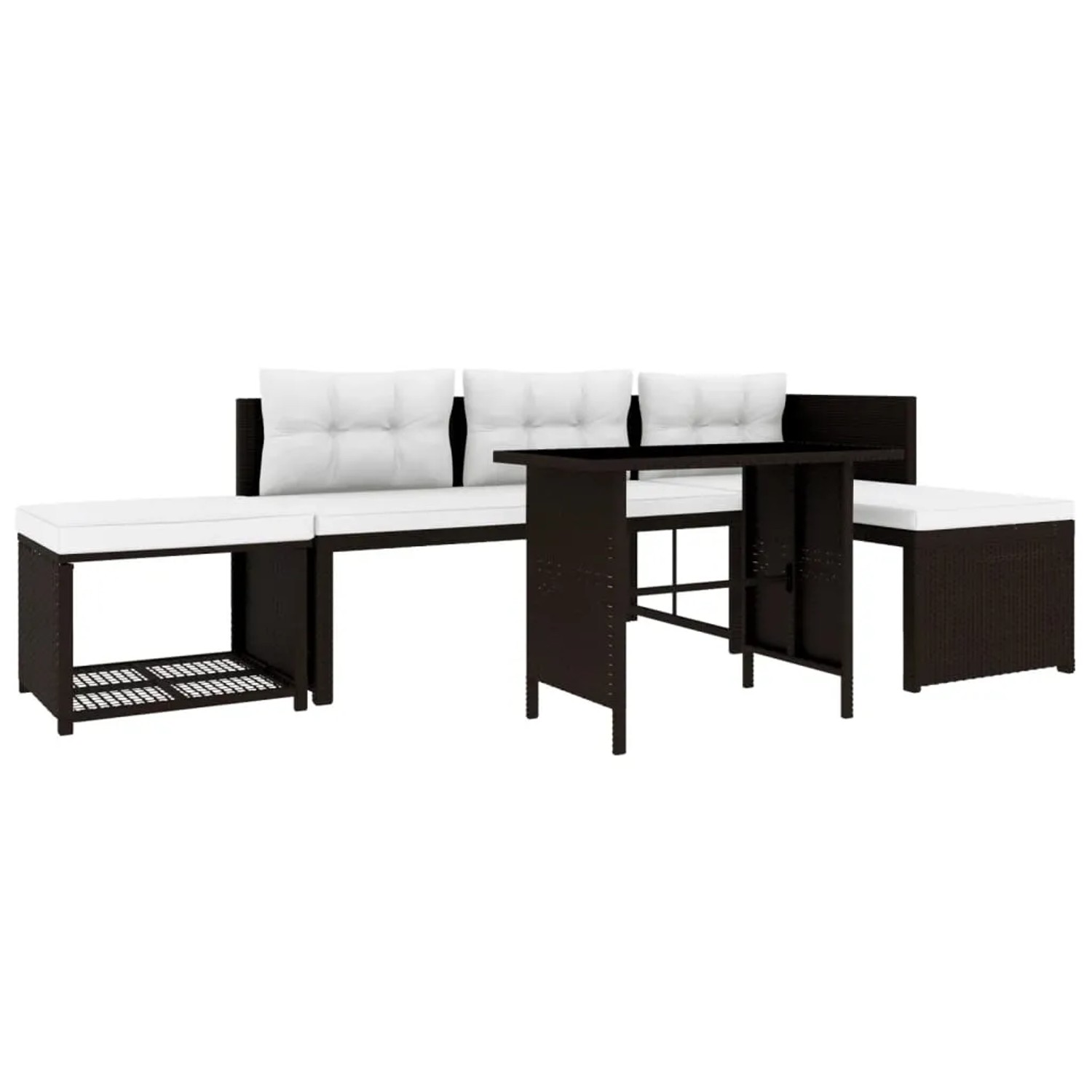 Braunes 4-tlg. Garten Lounge Set aus Polyrattan mit Tisch, Hocker, Sofa und Liege mit cremeweißen Polstern.