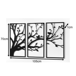 Dreiteiliges, schwarzes Metall Wandbild: Baum mit Vögeln als moderne Wanddeko.