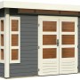 Terragraues Karibu Holz-Gartenhaus Kastberg mit Flachdach und Doppeltür.