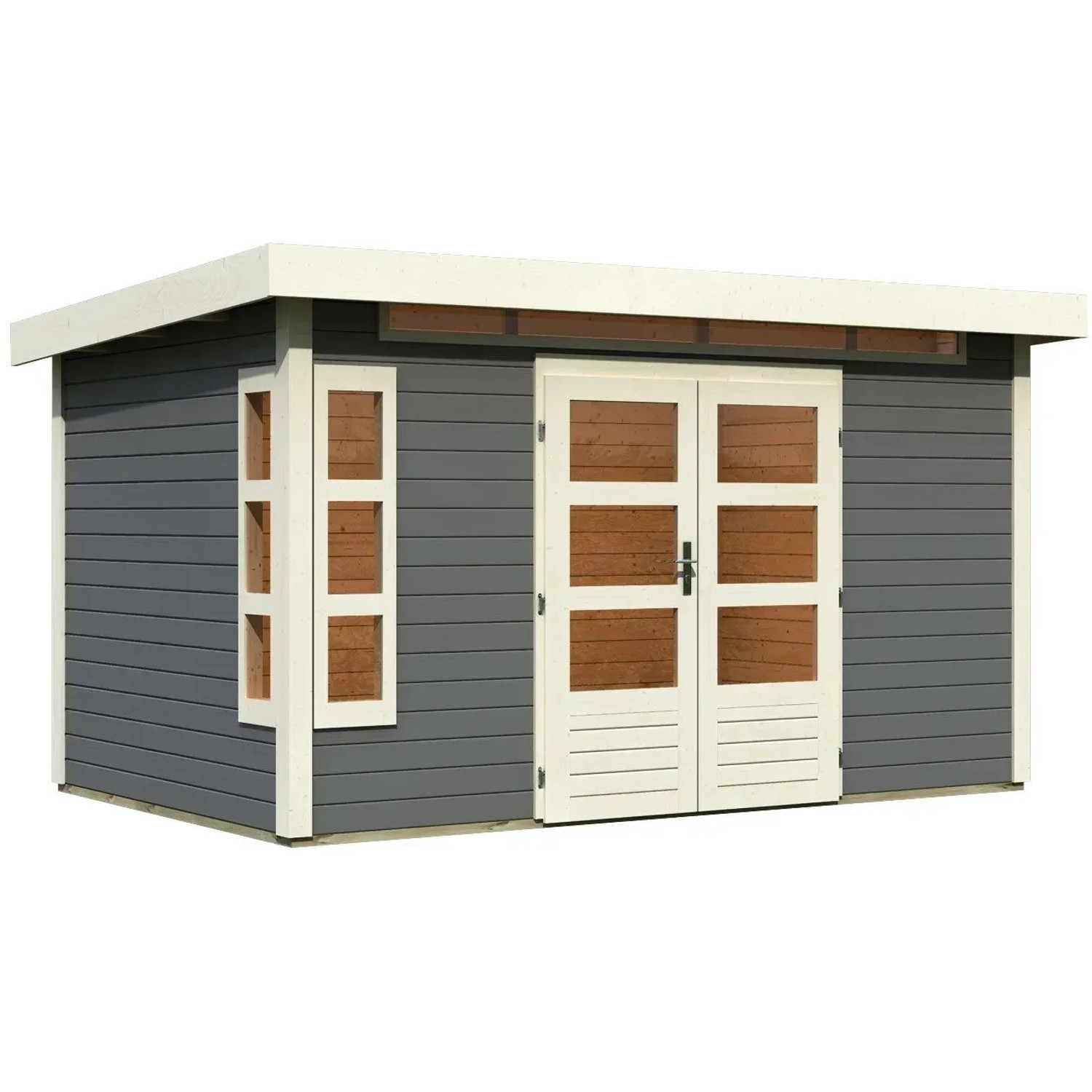 Terragraues Karibu Holz-Gartenhaus Kastberg mit Flachdach und Doppeltür.