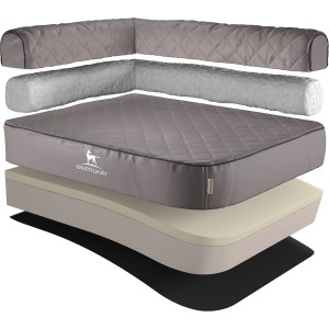 Knuffelwuff Eck Hundebett Winslow XXL, orthopädisch, Kunstleder, Lehne links, grau, Schichten sichtbar.