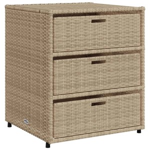 Beiger VidaXL Gartenschrank aus Poly Rattan mit drei Schubladen für Gartenbedarf.