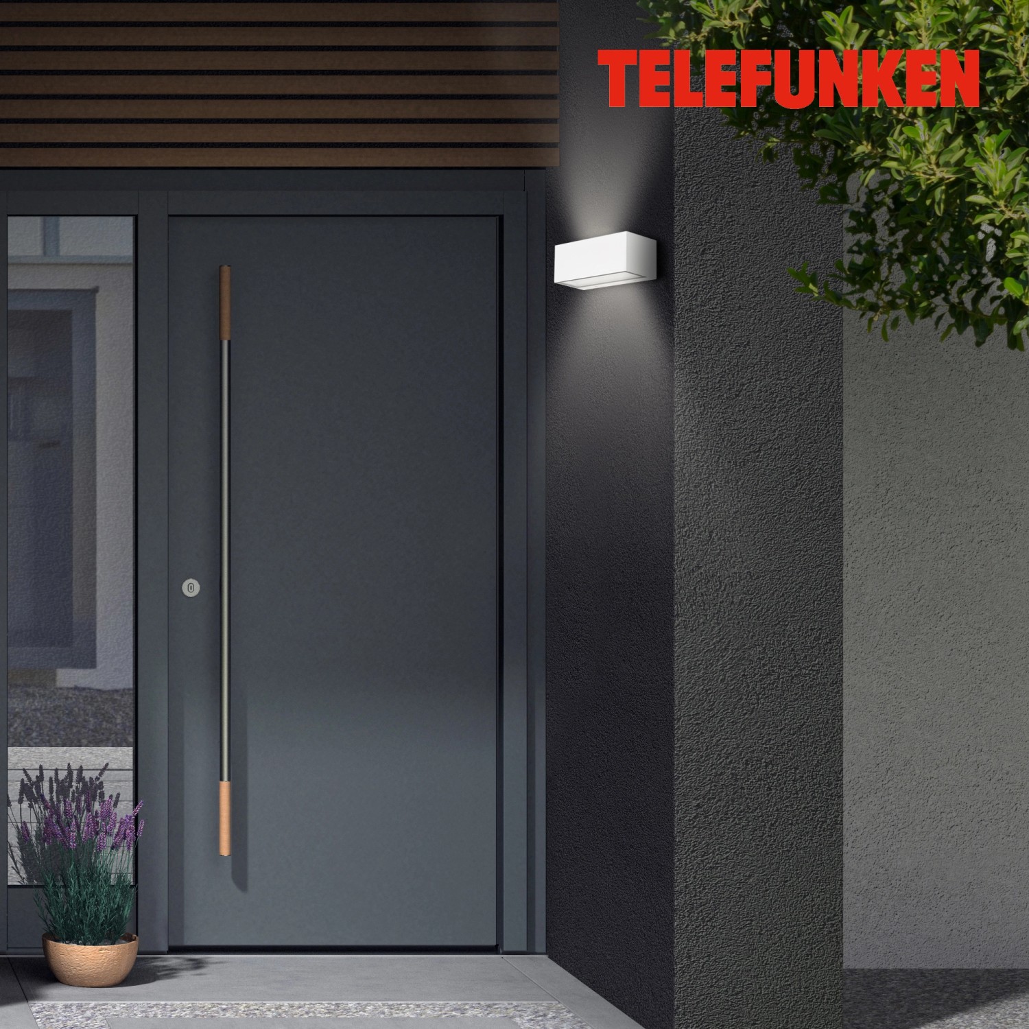 Weiße Telefunken LED Außenleuchte Monaco (2x6W) an einer Hauswand.