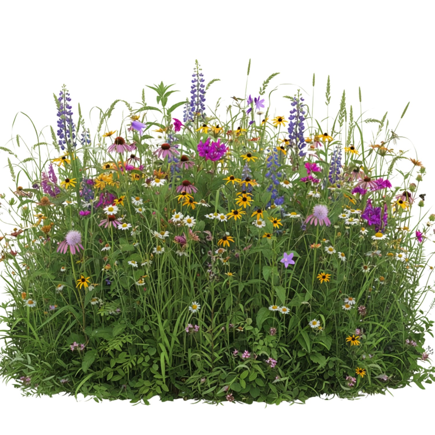Üppige Wildblumenwiese mit lila, gelben, weißen Blüten und hohen Gräsern. Fledermausmischung Samen.