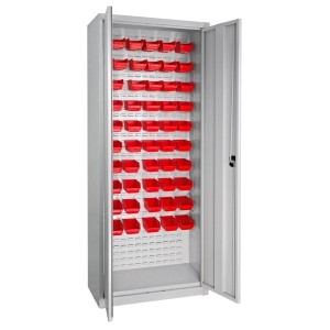 PROREGAL Flügeltürenschrank mit 50 Sichtlagerkästen (rot) und Schlitzplatte, lichtgrau.