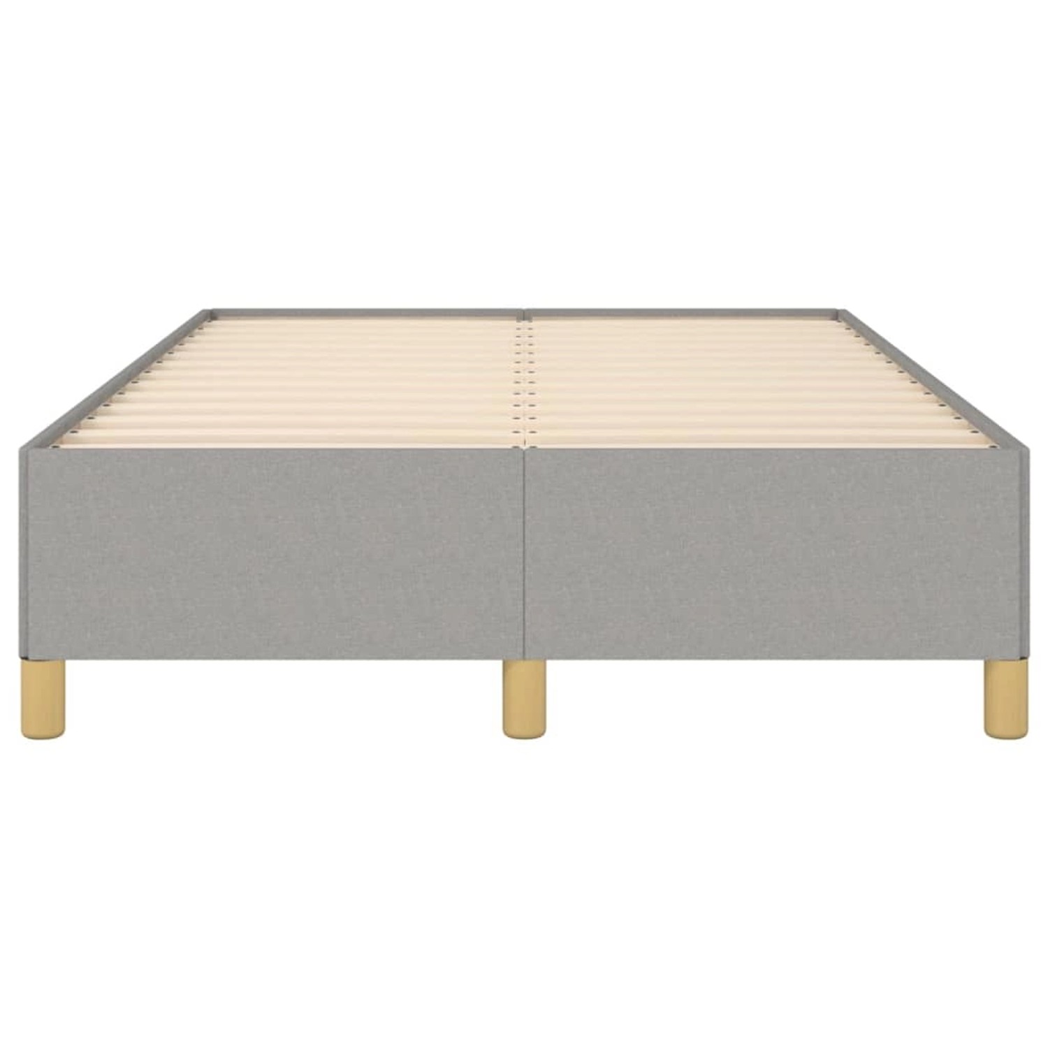 Hellgraues vidaXL Bettgestell (120x200 cm) aus Stoff mit Holzlattenrost.