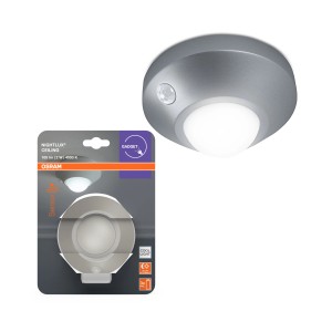 Osram LED-Nachtlicht Nightlux Ceiling, silberfarben, mit Bewegungssensor und Verpackung.